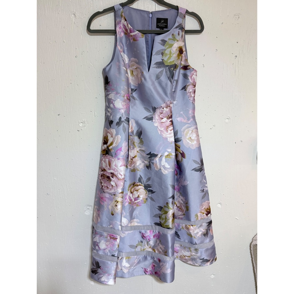 Adrianna Papell Floral Dress Womens 8 Purple Satin Fit Flare Wedding Guest Chic